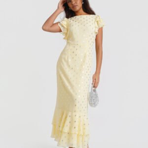 Lemon Flutter Sleeve Foil Midaxi Dress