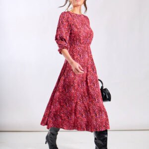 Red Animal 3/4 Sleeve Midi Dress