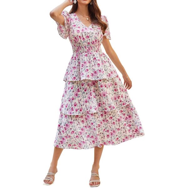 Vestido evase midi floral manga corta