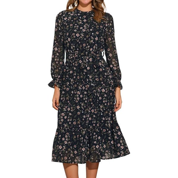 Vestido recto midi cuello redondo manga larga