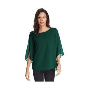 Flowy round-neck blouse with three-quarter sleeves